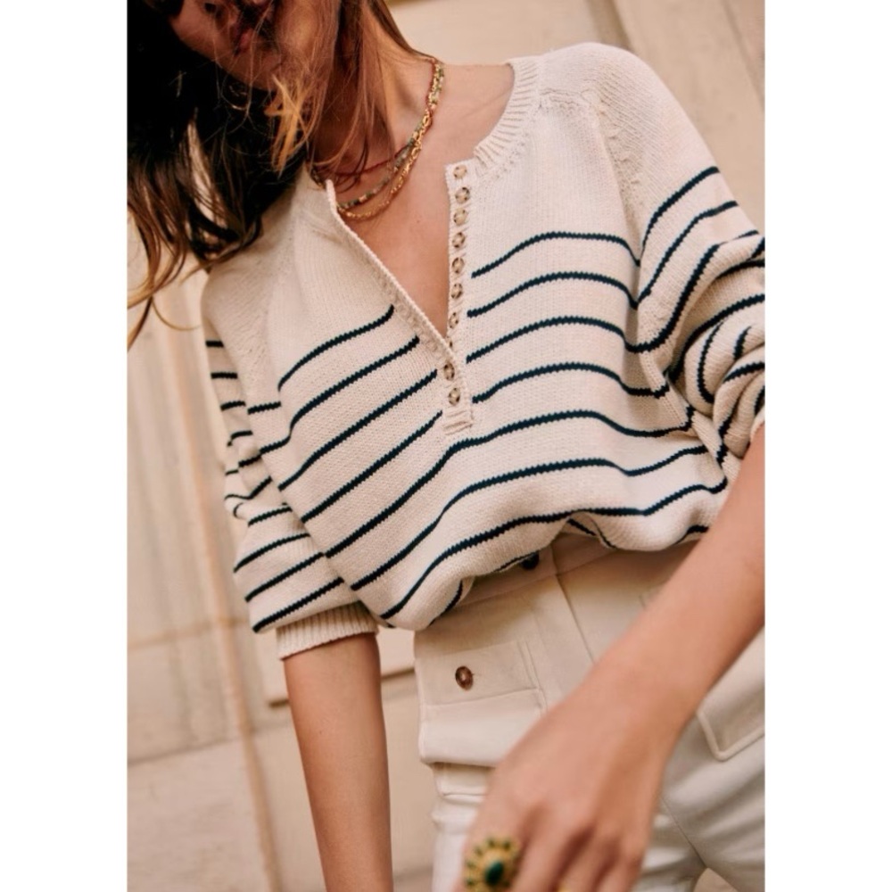 Sézane Léontine Striped Henley Jumper Sweater in Ecru / Navy size Small